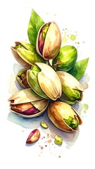 Watercolor depiction of pistachios, leaves, and colorful paint splashes