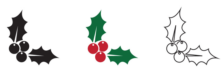 Holly berry icons. Cartoon holly leaves and berries. Chritmas logo wirh  holly leaves and berries.  vector illustration. EPS 10