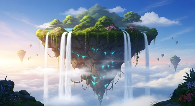 Enchanting floating island paradise with waterfalls and lush greenery