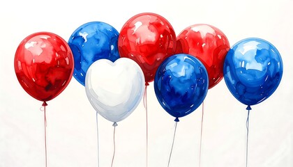 Watercolor rendering of festive balloons in red, white, and blue