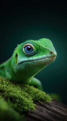 Fototapeta premium Photorealistic close-up vertical shot of an iguana's face, partially hidden behind a mossy log, showing one icy blue eye and top of head with ears peeking over the edge. A single spotlight