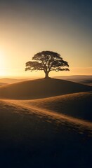 Solitary acacia tree silhouetted against a golden african sunset