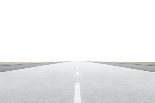 Empty asphalt road with white dividing lines extending into the distance against a dark sky highway driving, Isolated On White Background, Png Transparent
