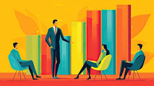 Business Presentation with Colorful Bar Graphs and Engaged Audience in Modern Office Setting - Powered by Adobe