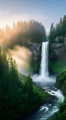 Majestic waterfall cascading through lush green forest at sunrise