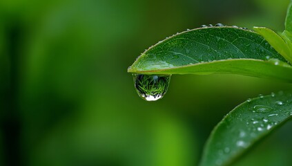 Single water droplet on green leaf edge reflecting foliage