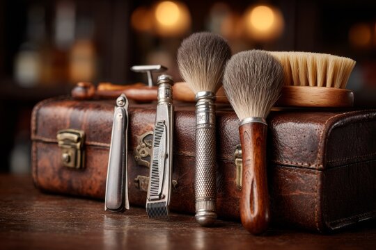 Barbering tools on textured leather background