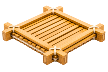 Square bamboo soap dish with slatted design for water drainage isolated on transparent background