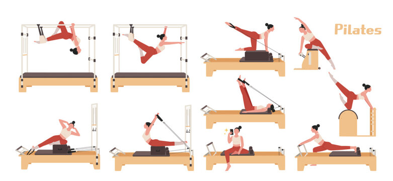 Pilates equipment and various movements.