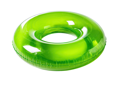 A transparent green inflatable tube, ideal for floating in water, isolated on a black background