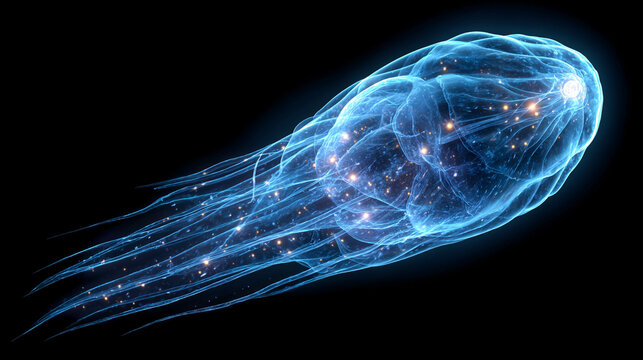 A transparent comet with a glowing tail suspended in space, radiating ethereal light and motion, blending cosmic elegance with futuristic translucence.
