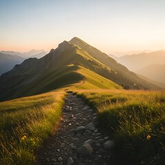 Golden hour sunrise illuminates a rocky mountain ridge trail