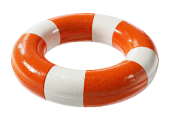 A close-up of an orange and white life preserver ring, isolated on a black background