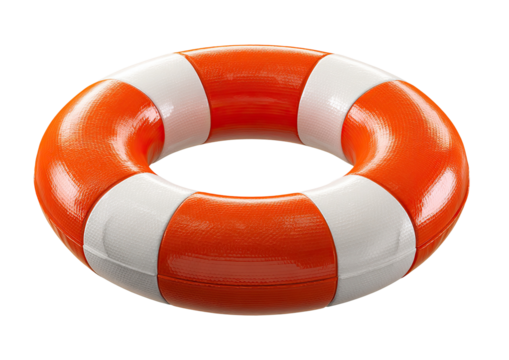 A vibrant orange and white life preserver ring isolated on a stark black background