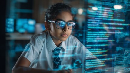 Young student girl in uniform coding programming on futuristic screen