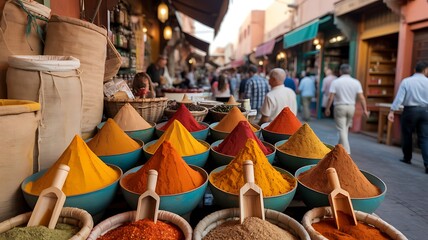 Vibrant spices in traditional bowls creating a colorful market display photo