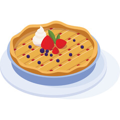Freshly Baked Fruit Tart with Whipped Cream and Berries on a White Plate with a Shadow Isolated on Transparent Background