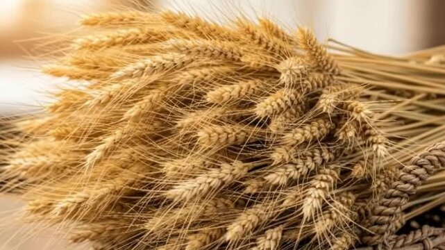 A bundle of dried wheat tied with twine displays warm golden tones