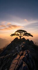Solitary tree silhouetted against a vibrant sunset sky