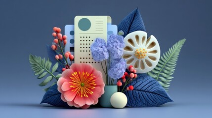 A stylized composition featuring a vibrant coral flower, blue hydrangeas, red berries, and green fern leaves against a muted blue backdrop.