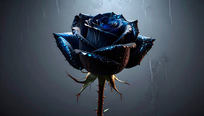 Dark rose glistening with water droplets against a moody backdrop