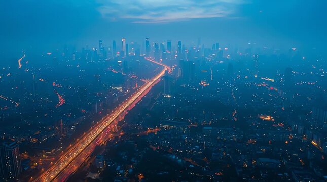 Aerial view of a cityscape at dusk with a highway and suitable road infrastructure leading to a densely populated urban area with a blue hazy sky.