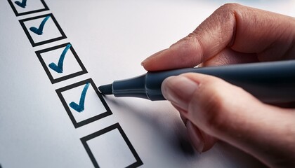 A close-up of a hand marking a check on a checklist with a felt-tip pen, viewed from a slight angle