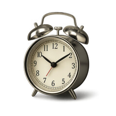 Classic silver analog alarm clock on a clean white background