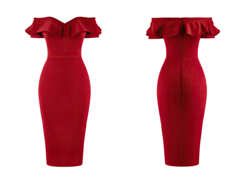 A front and back view of a vibrant red, off-the-shoulder, bodycon dress with ruffle detail