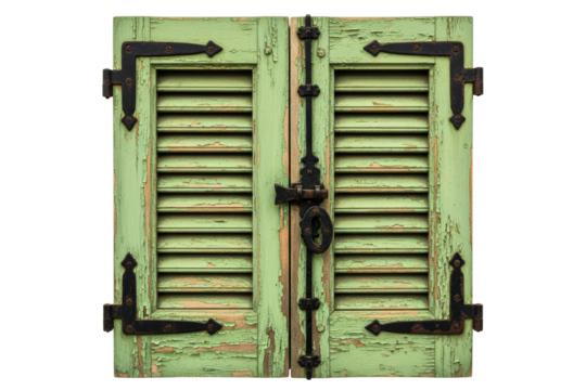 Pair of rustic light green louvered shutters with iron hinges isolated on transparent background