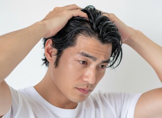 Naklejka premium A photo of a man who cares about thinning hair checking his hair/薄毛を気にする男性が髪を確認する写真