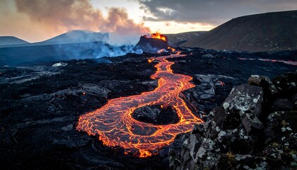 Molten river of fire flows from erupting volcano at sunset