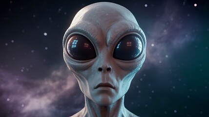 Alien Face Close-Up Surrounded by Deep Space Background Photo