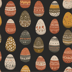 Seamless pattern of Easter eggs with doodle decorations, folk art style, hand-drawn vector illustration