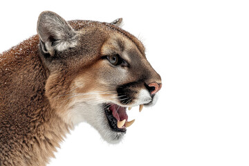 Obraz premium Close-up of a mountain lion's head, mouth open in a snarl against a stark black background