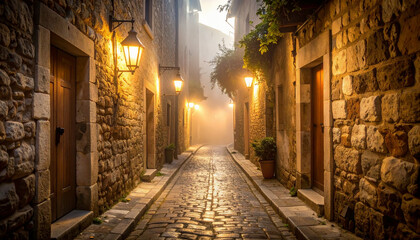Cobblestone street illuminated by warm light in an old european town
