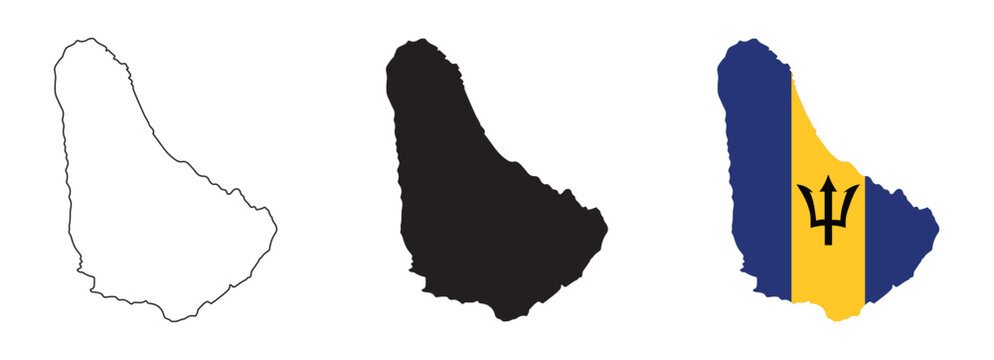 Barbados map vector with editable country outline, black silhouette and national flag featuring blue gold bands with trident for geography, education, travel tourism and Caribbean island