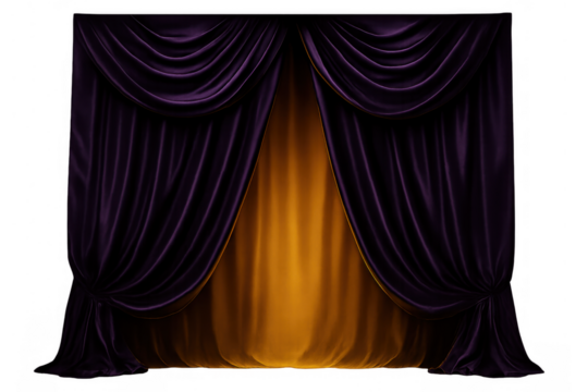 Purple velvet theater curtain revealing golden stage background, luxury opera drape design with dramatic light effect