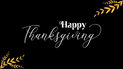 Happy thanksgiving graphic with elegant gold floral decorations on a black background. Ideal for festive greeting cards and social media posts.