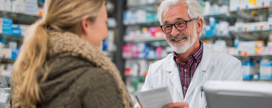Smiling pharmacist pharmacy counter customer service prescription healthcare consultation senior man white coat medicine drugstore