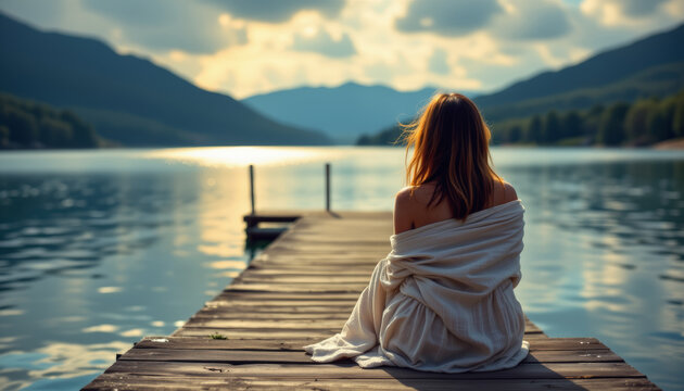 Serene lake wooden pier woman back view sunrise light calm water mountain landscape solitude blanket wrap tranquil mood reflection - Powered by Adobe