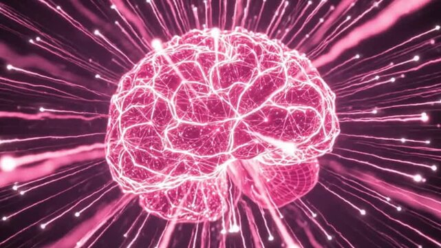 Abstract glowing brain outline emits bright light and pink radial streaks against a pink backdrop