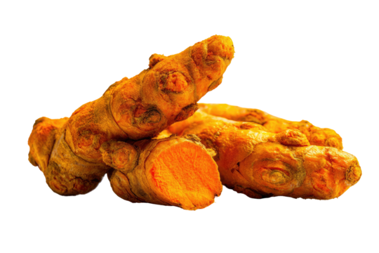 Isolated, detailed image of fresh, uncut, and cut turmeric root segments against black