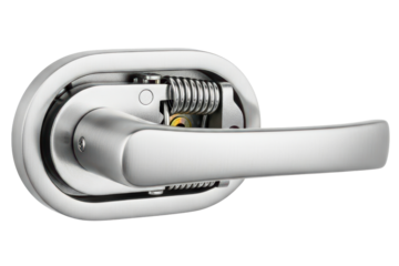 Internal mechanism of a metal door handle showing the spring isolated on transparent background
