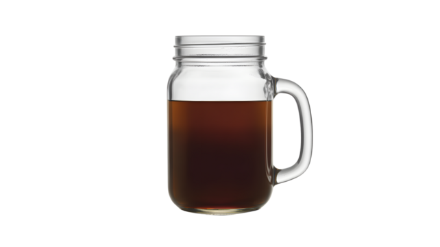 Refreshing iced coffee fills vintage mason jar, perfect for summer branding and beverage promotions, a cool drink to quench your thirst on a hot day