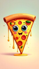 Smiling animated pizza slice with pepperoni and melted cheese
