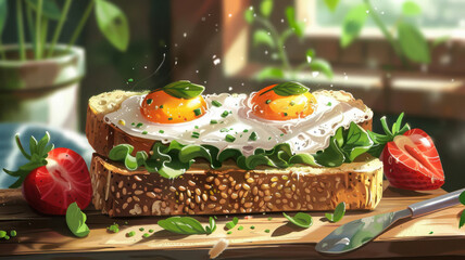 Fried egg sandwich with lettuce and fresh strawberries wooden table