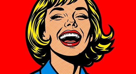Cheerful blonde woman laughing hysterically in a classic vintage pop art comic book illustration style