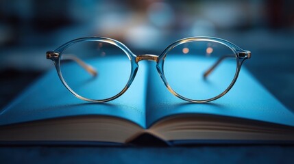 Close-up of eyeglasses resting on an open book, illuminated by soft, cool light