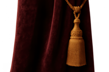 Red velvet curtain showing a decorative gold tassel tieback. Creating a classic, luxurious background on a transparent alpha channel